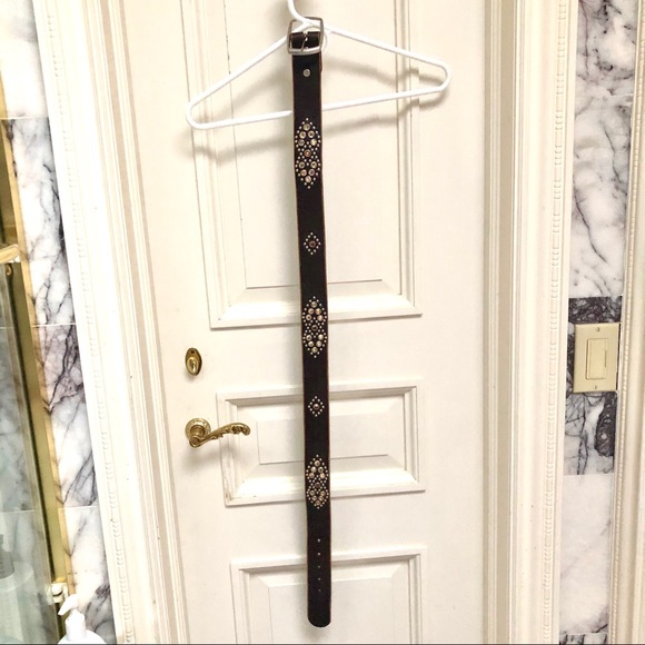 Brown leather belt with rhinestones and studs